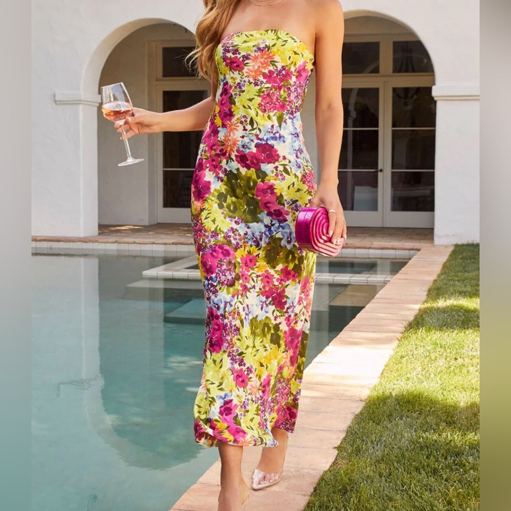 Vici Jodie Printed Strapless Satin Midi Dress - Yellow/Floral